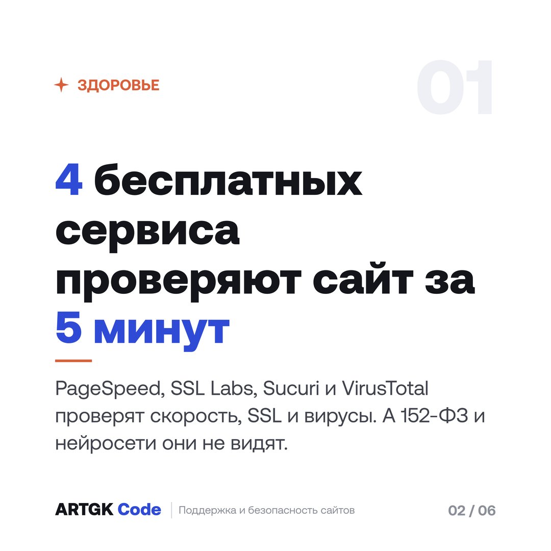 Слайд 2 — Как бесплатно проверить сайт: здоровье, SEO, видимость в нейросетях и 152-ФЗ за 5 минут
